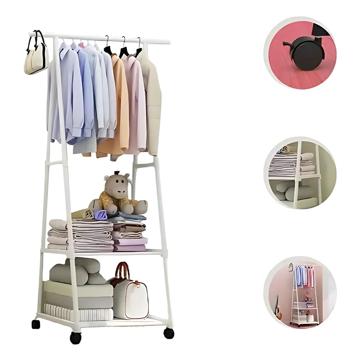 GENERICO - Colgador Perchero de Metal Organizador de Ropa con Ruedas - Blanco - M