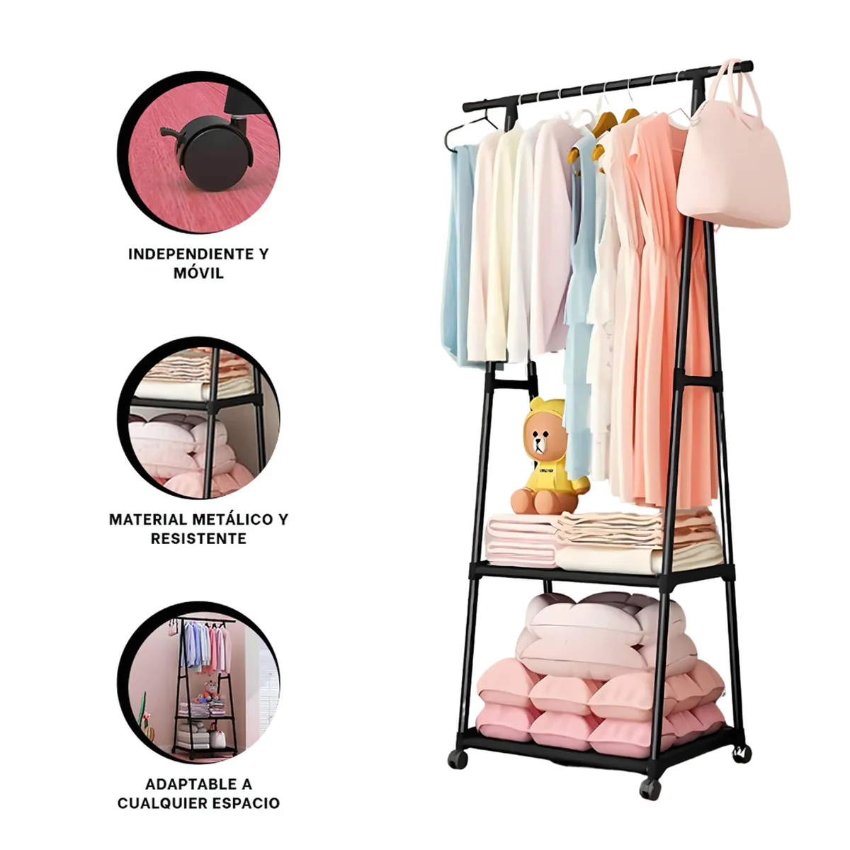 GENERICO - Colgador Perchero de Metal Organizador de Ropa con Ruedas - Negro - M