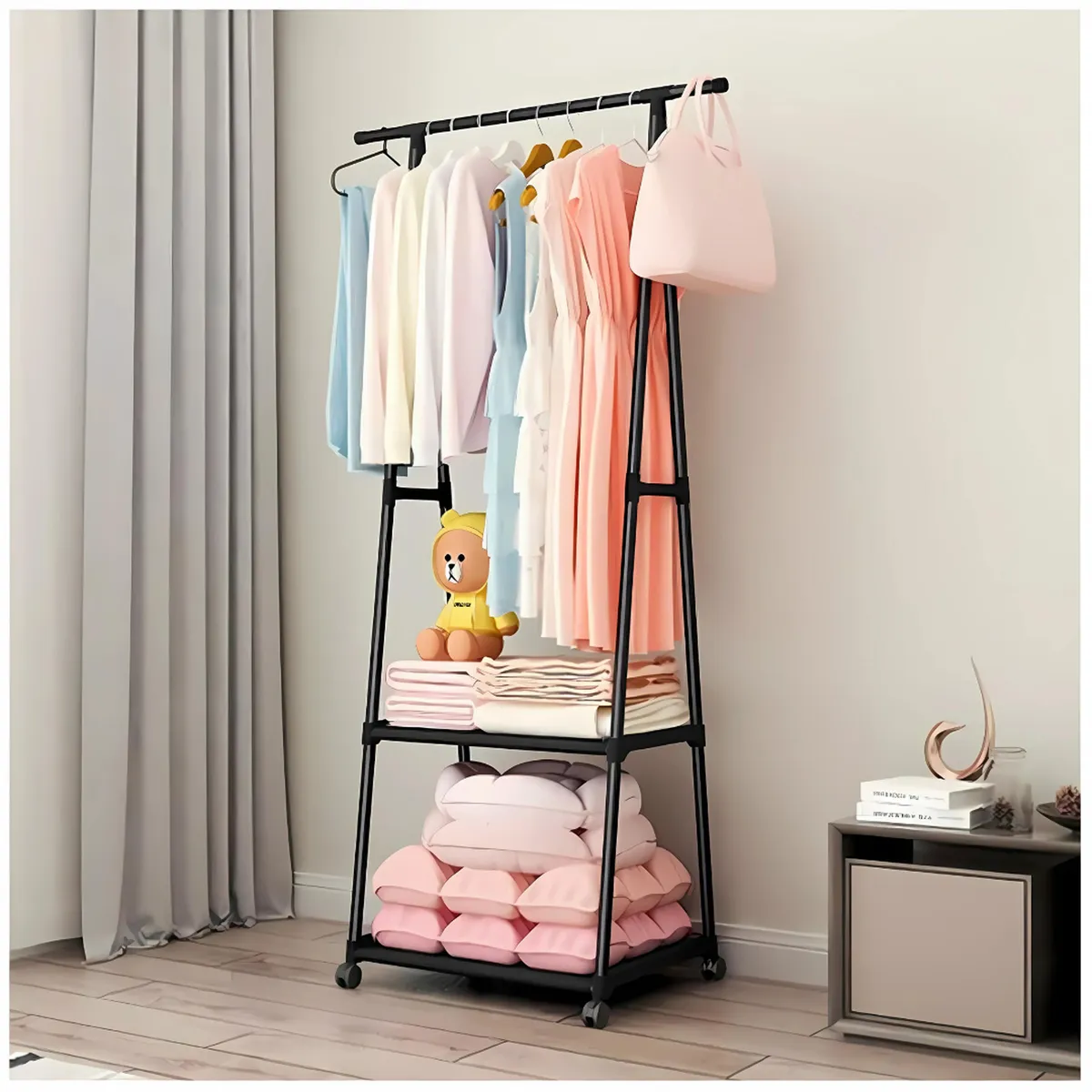 GENERICO - Colgador Perchero de Metal Organizador de Ropa con Ruedas - Negro - M