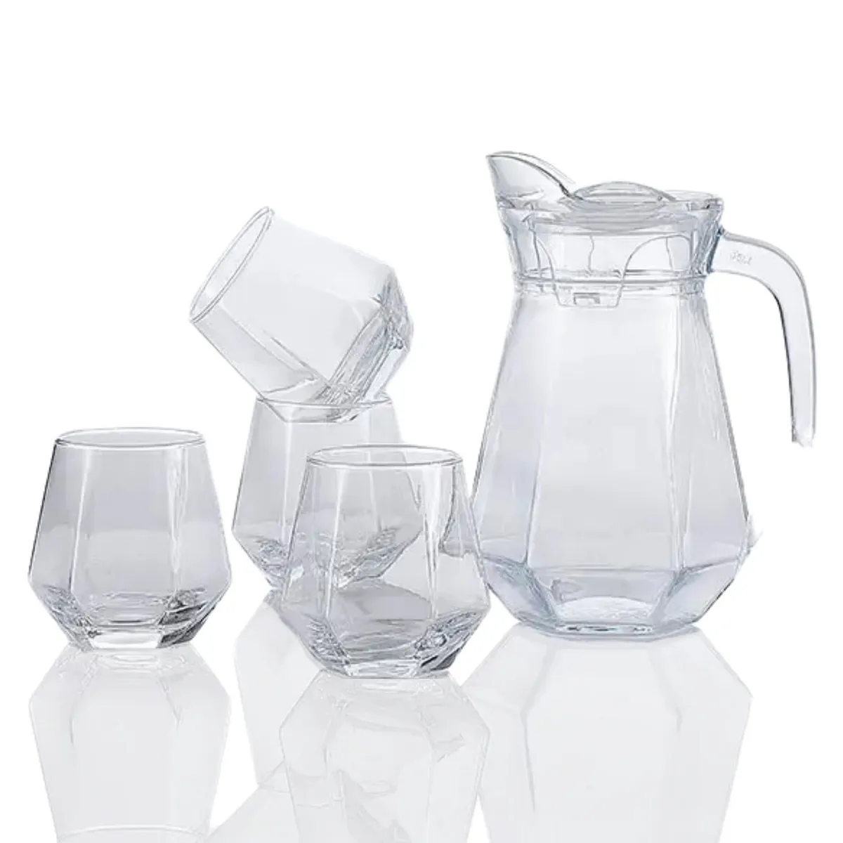 PENTHA - Jarra de Vidrio 900ml con Tapa más 4 Vasos Hexagonales