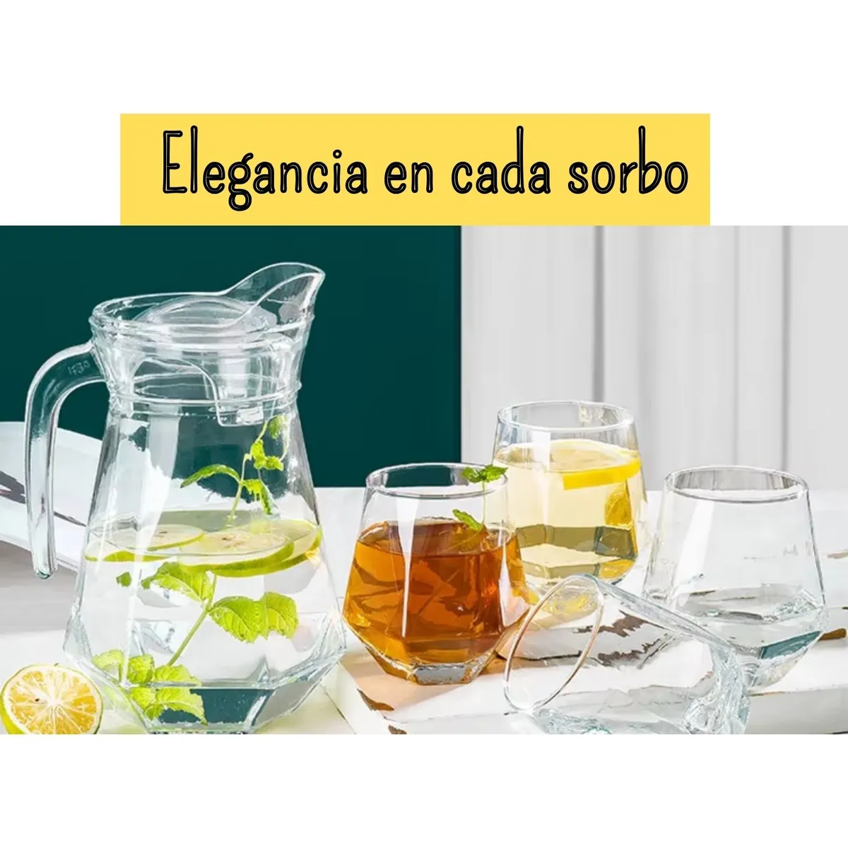 PENTHA - Jarra de Vidrio 900ml con Tapa más 4 Vasos Hexagonales