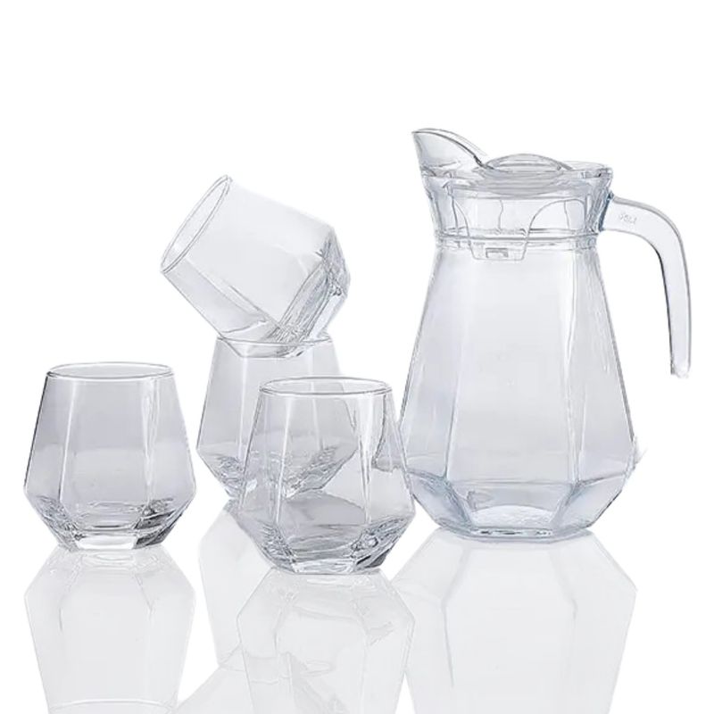 PENTHA - Jarra de Vidrio 900ml con Tapa más 4 Vasos Hexagonales