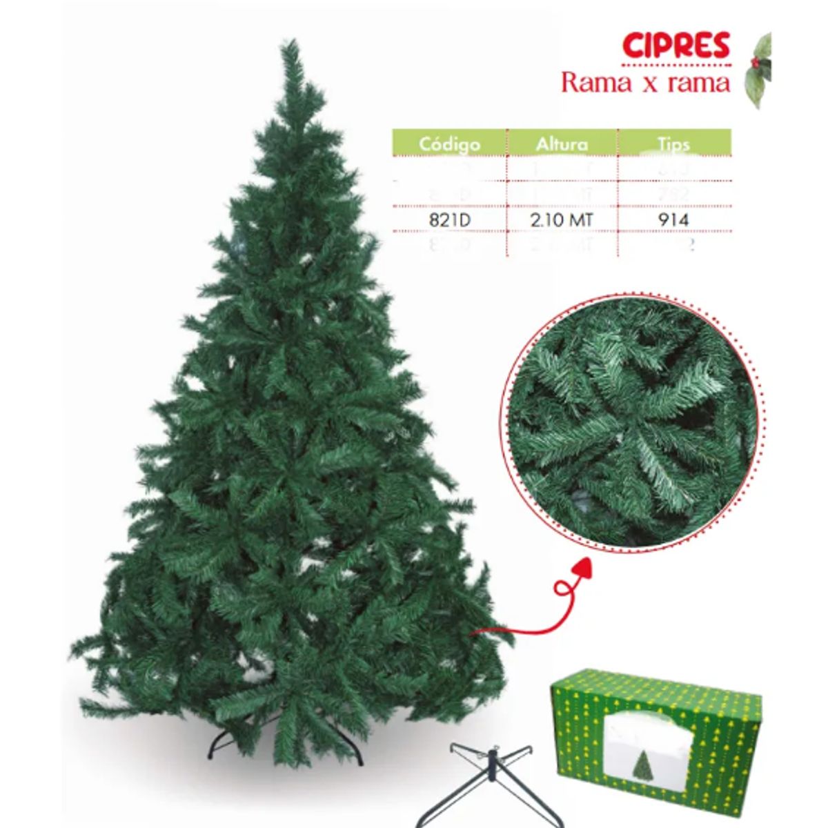 GENERICO - Árbol Navideño ciprés de 2.10mt, con 300 Luces Led multicolor