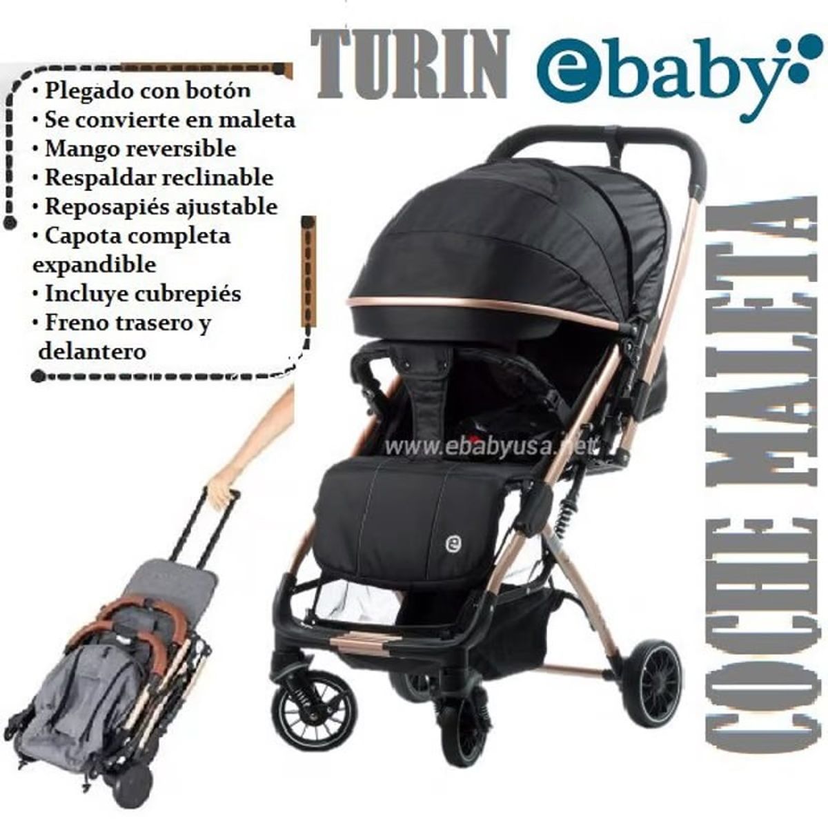 EBABY - Coche Maleta Turin Mango Reversible Negro