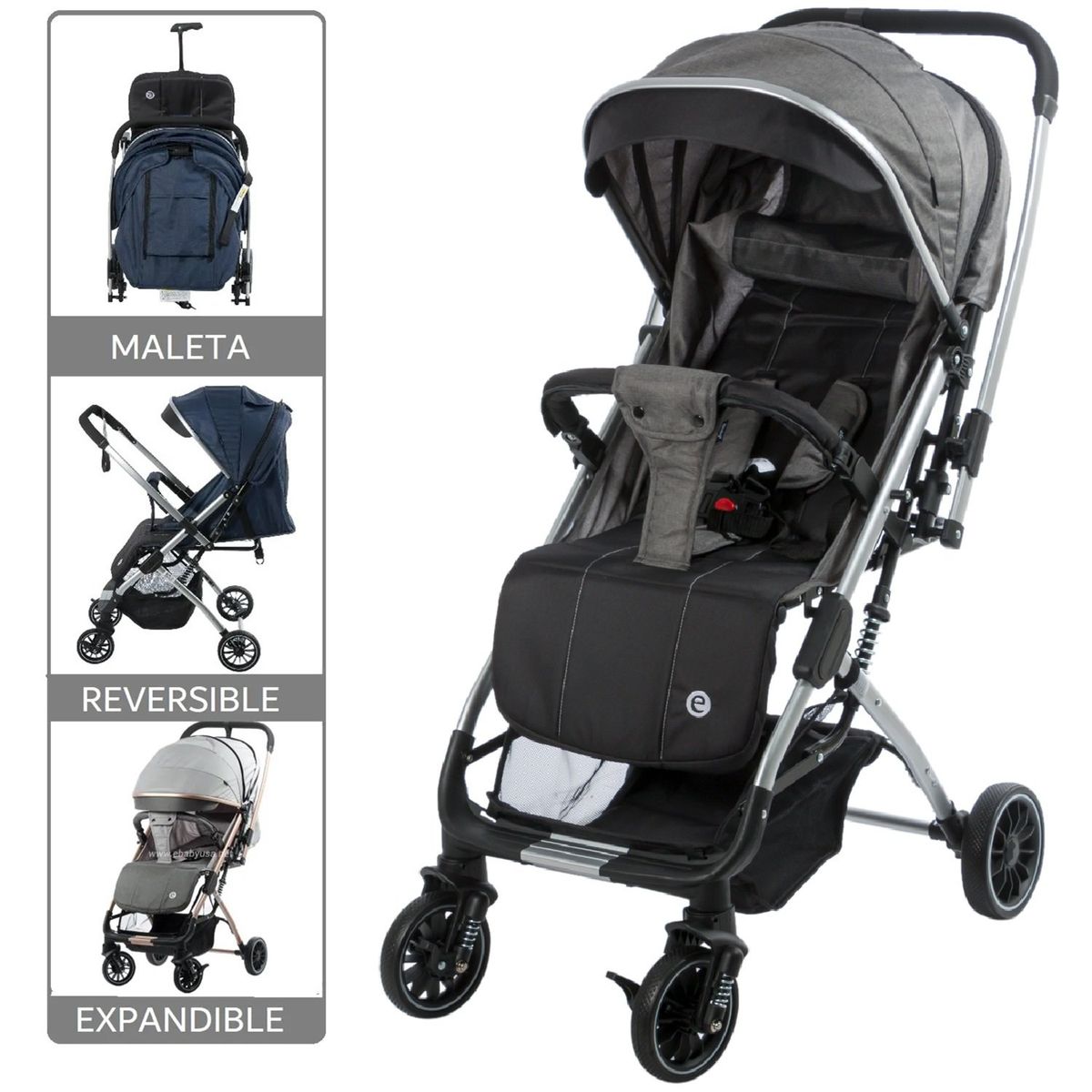 EBABY - Coche Cuna Maleta Mango Reversible Turin Gris Oscuro
