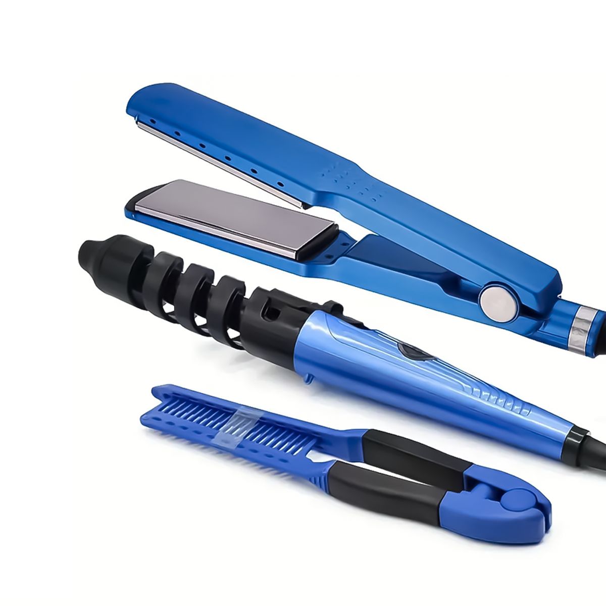 GENERICO - Trio Plancha Alisador Nano Rizador Ondulador Peineta Color Azul