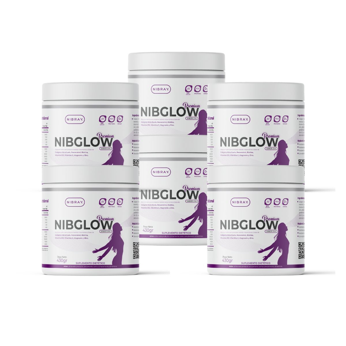 NIBRAY - Colageno con Resveratrol Biotina Zinc Pack 6 Potes NibGlow Premium