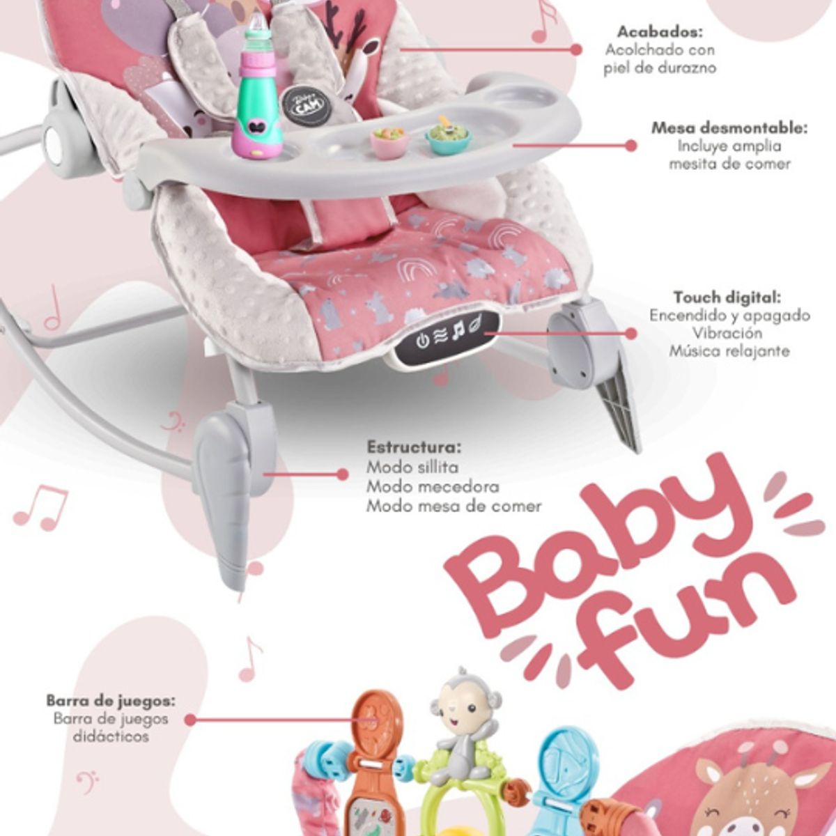 CAM - Mecedora de Bebe Multifuncion Musical Rosada BABY CAM