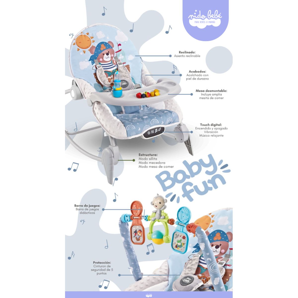 CAM - Mecedora de Bebe Multifuncion Musical Celeste