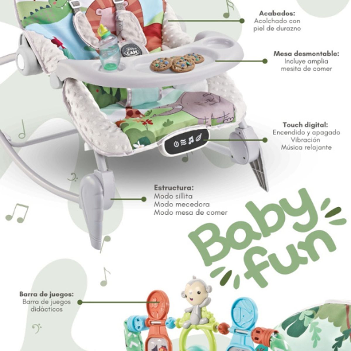 CAM - Mecedora de Bebe Multifuncion Musical Verde BABY CAM