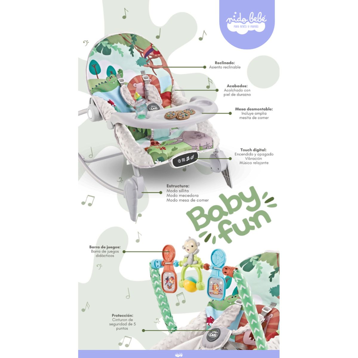 CAM - Mecedora de Bebe Multifuncion Musical Verde BABY CAM