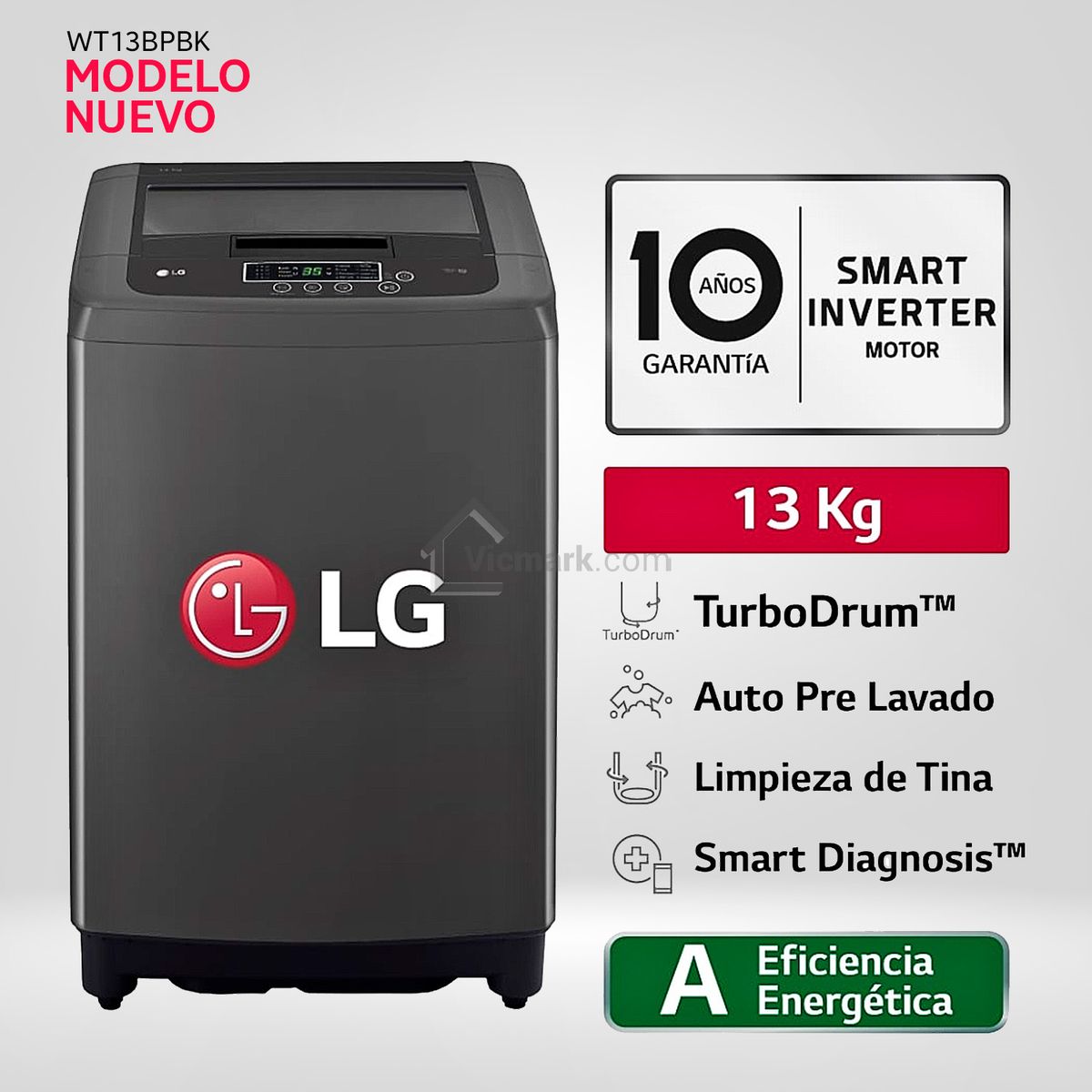 LG - Lavadora LG 13kg Smart Motion Carga Superior WT13BPBK - Negro Claro