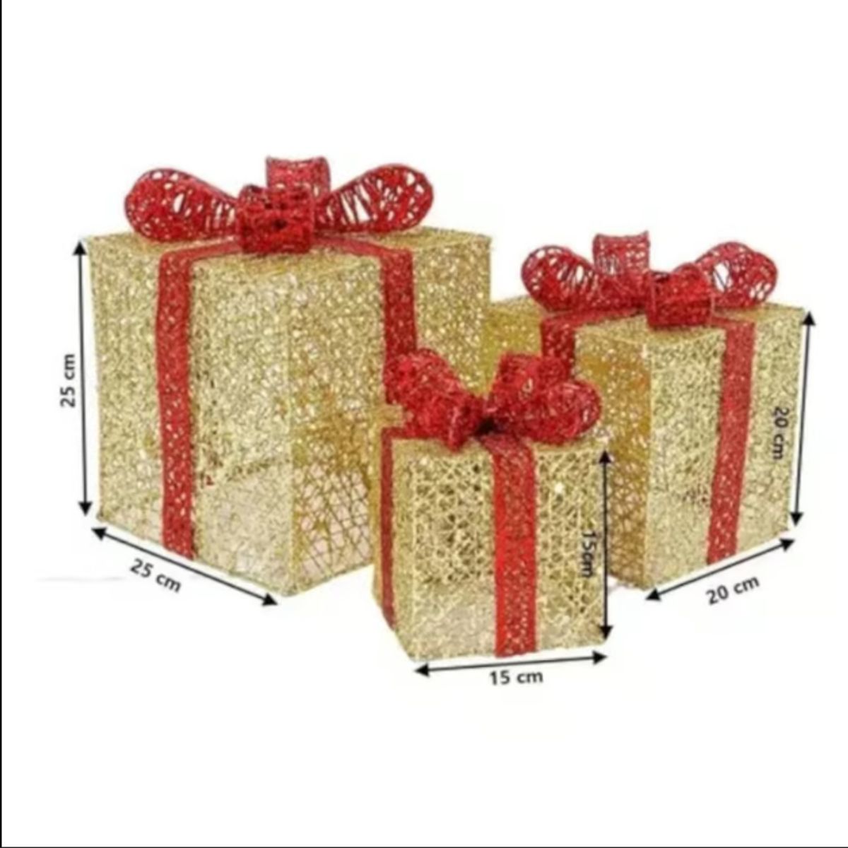GENERICO - Set de 3 cajas de regalo adorno con luces led para Navidad dorado