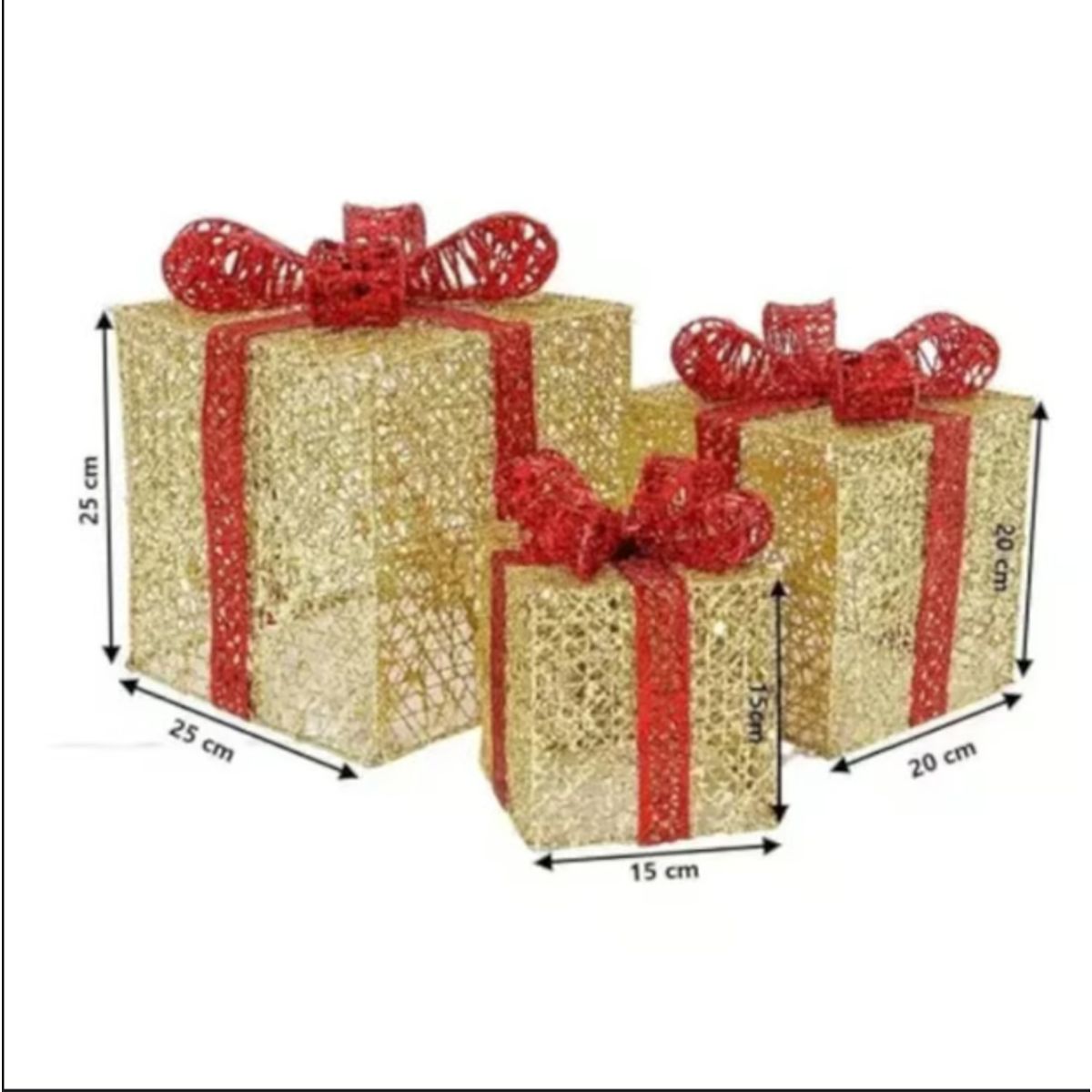 GENERICO - Set de 3 cajas de regalo adorno con luces led para Navidad dorado