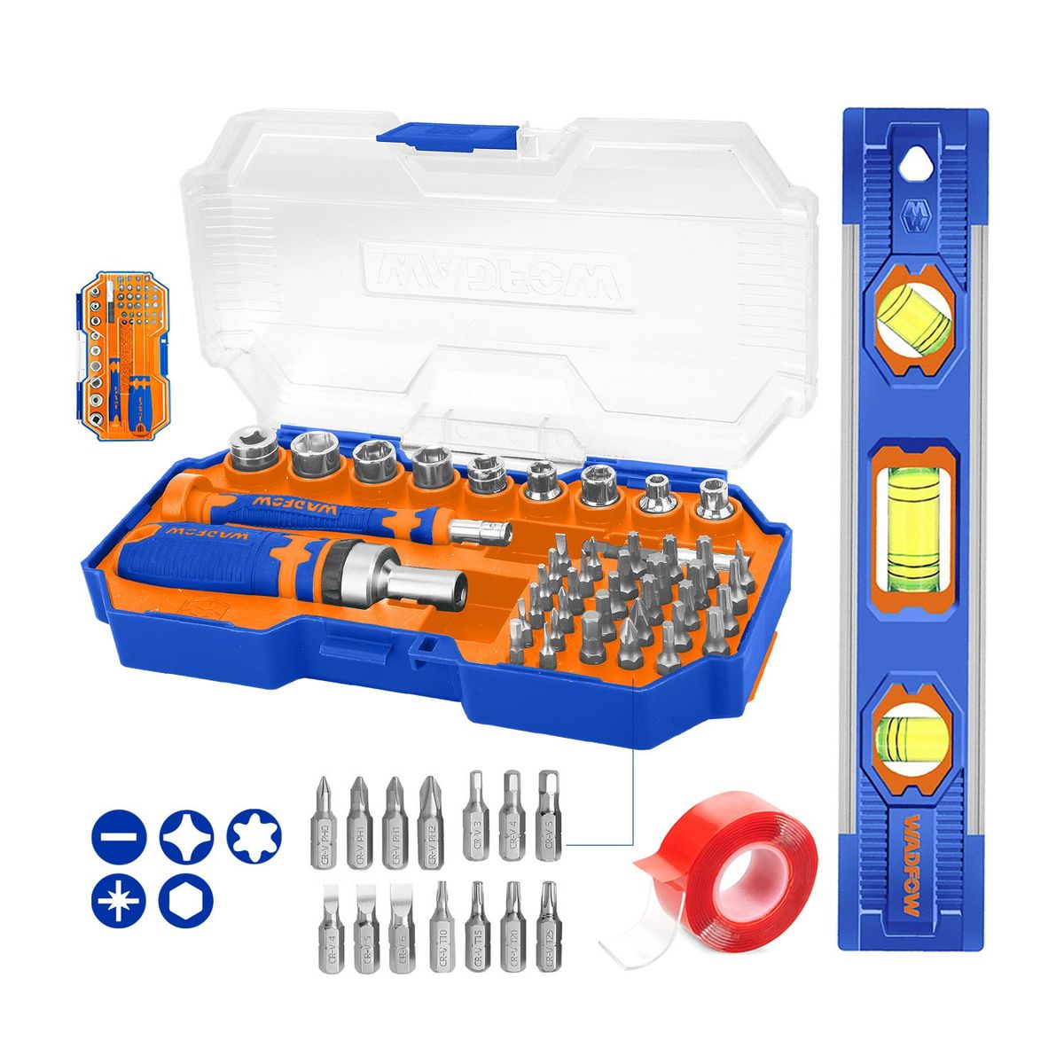 GENERICO - JUEGO DESATORNILLADOR 43PZAS+ NIVEL 9+CINTA DOBLE CONTACTO