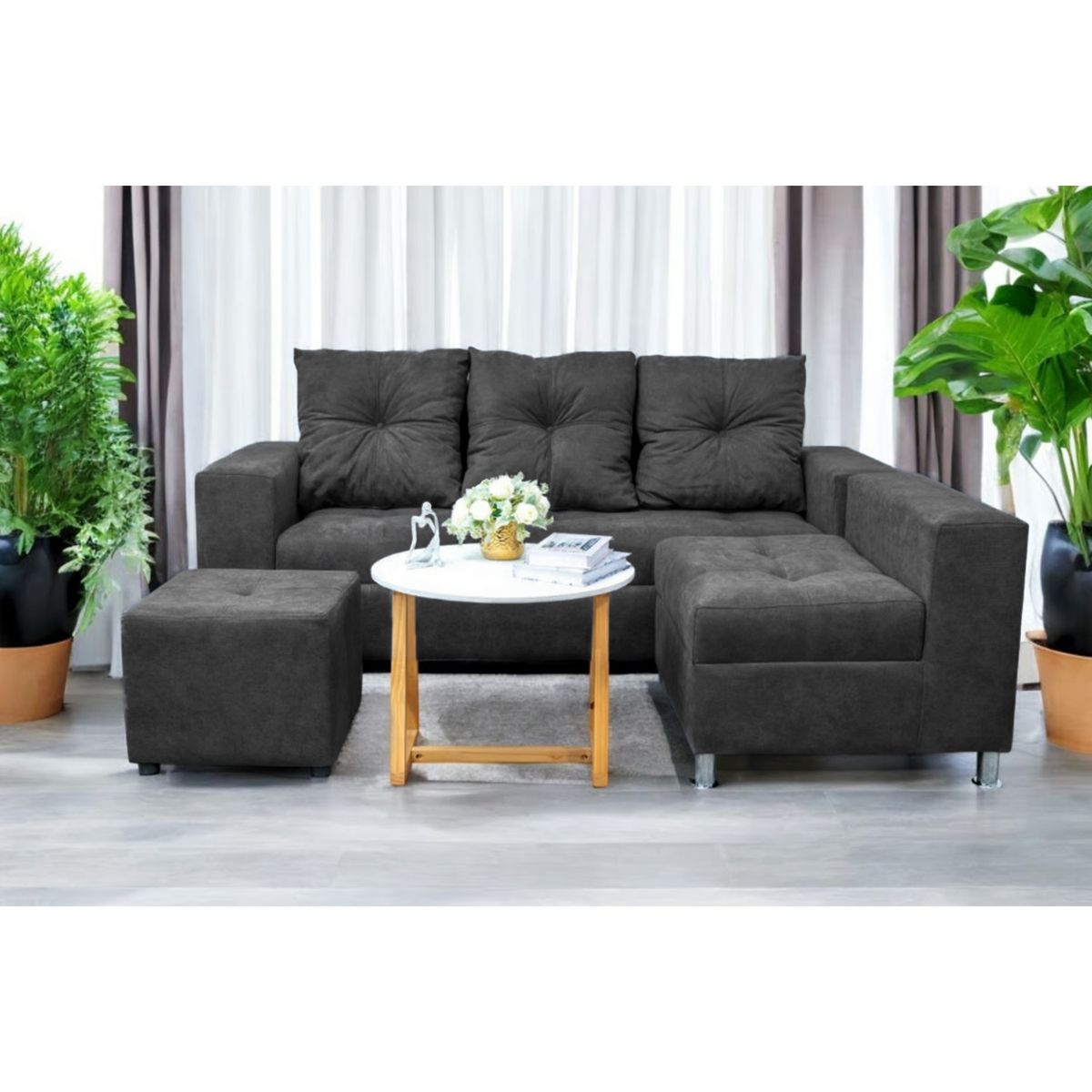GENERICO - Sofá Seccional Minimalista Perú + Puff de Regalo - Gris Oscuro
