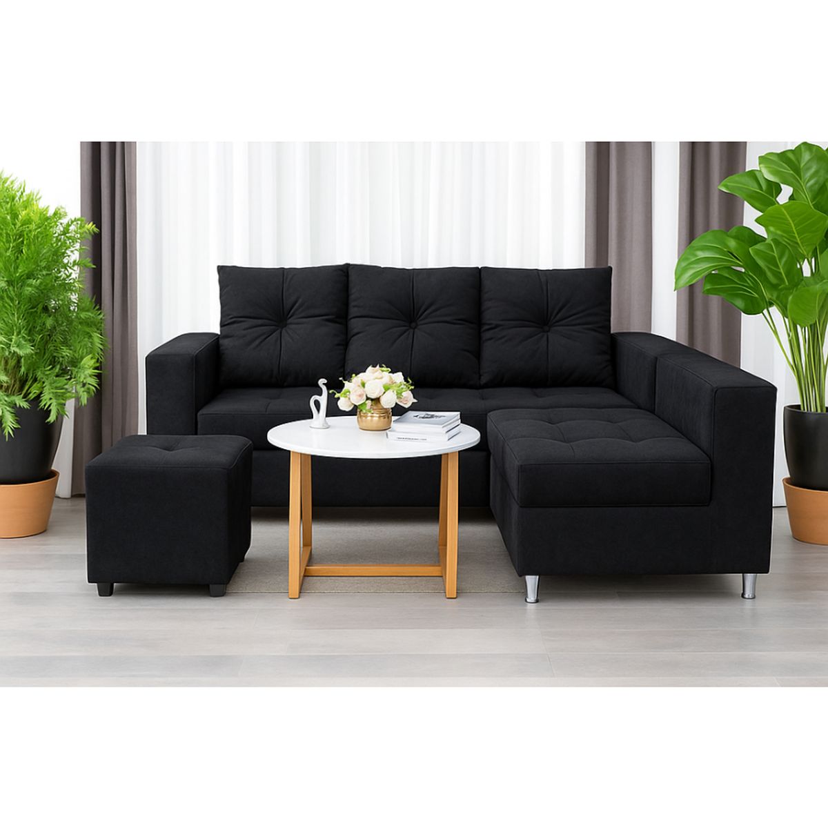 GENERICO - Sofá Seccional Minimalista Perú + Puff de Regalo - Negro