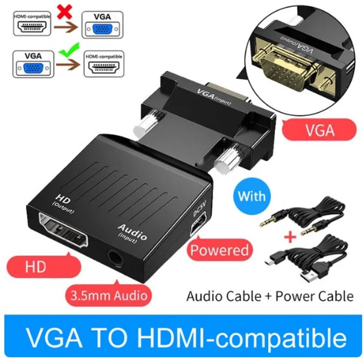 GENERICO - Adaptador VGA a HDMI con cable de audio