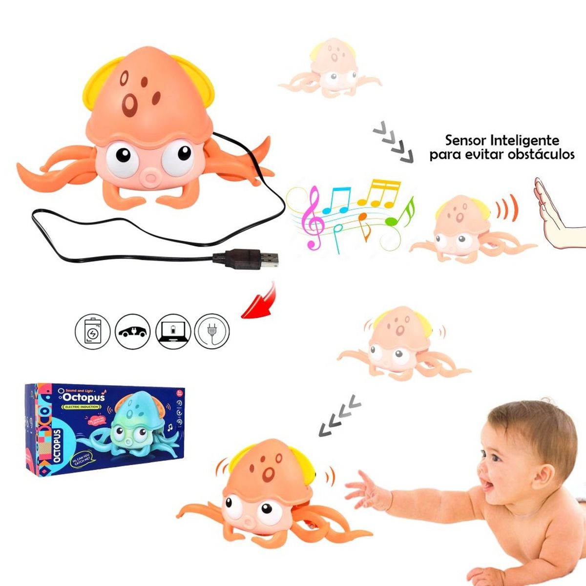 GENERICO - PULPO BAILARÍN CON SENSOR Y BATERÍA RECARGABLE PINK