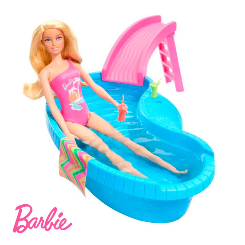 BARBIE - Muñeca Barbie con Piscina y Tobogán