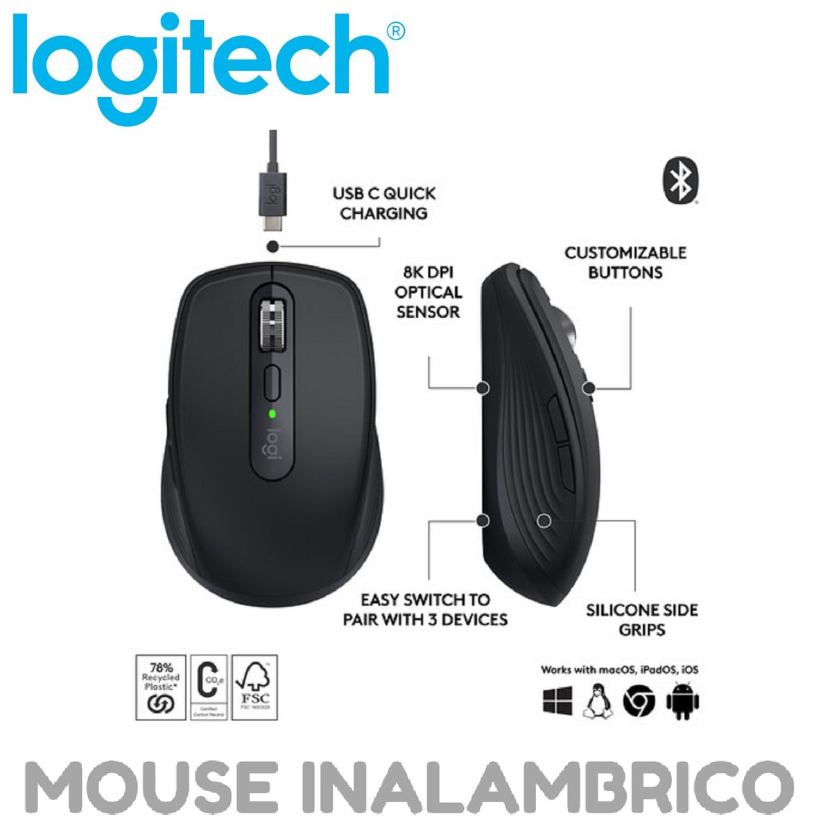 LOGITECH - MOUSE LOGITECH MX ANYWHERE 3S BLUETOOTHINALAMBRICO 8K USB-C GRAPHITE