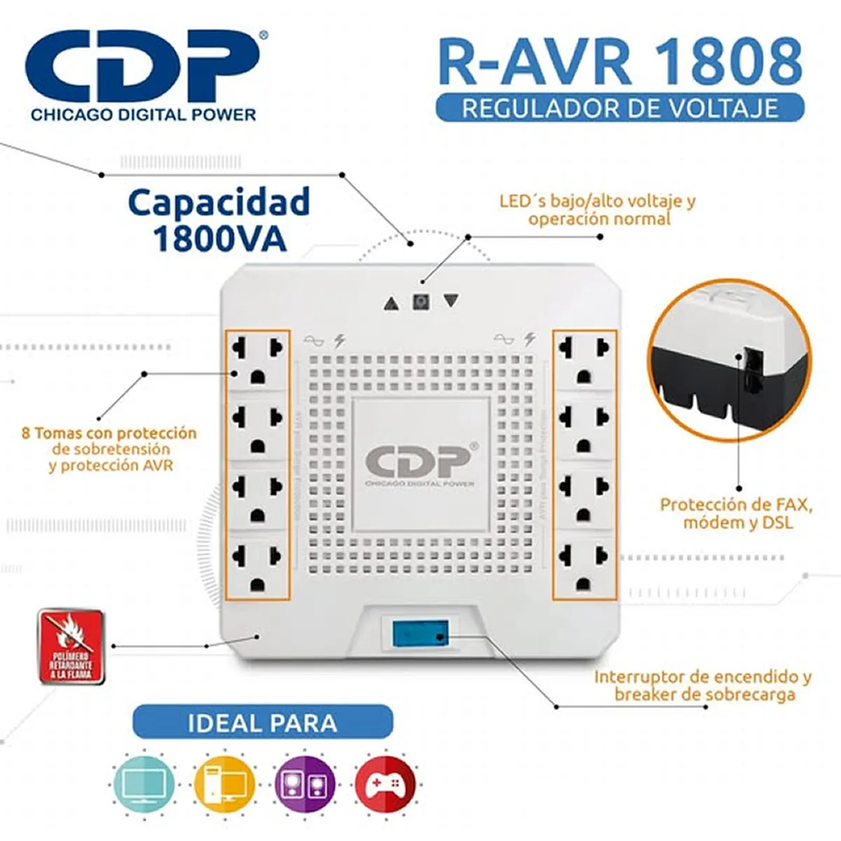 CDP - Estabilizador CDP R-AVR1808I Pro 1800VA/1000W 8 Tomas