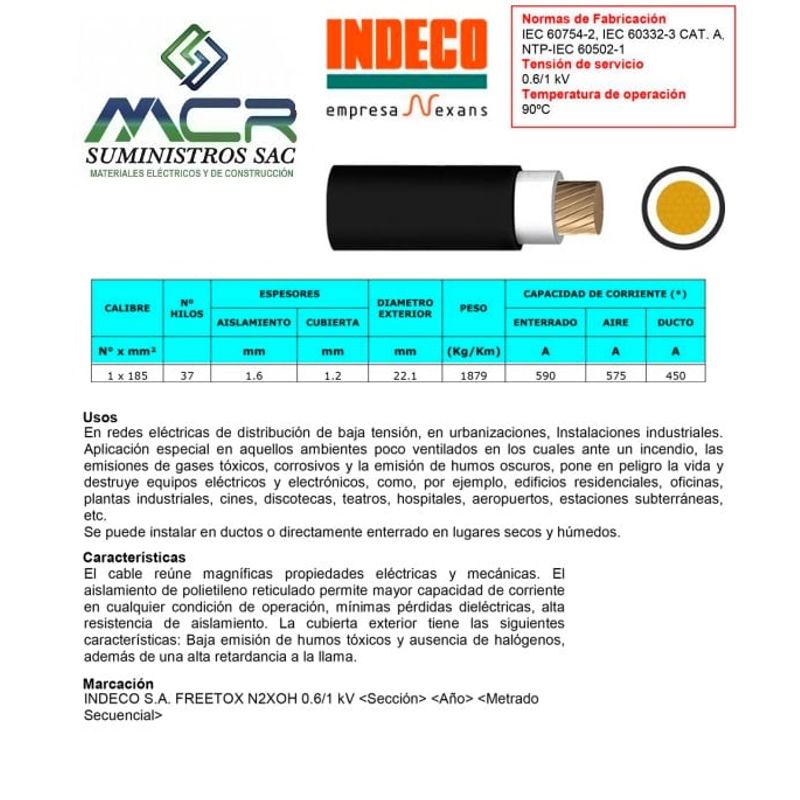INDECO - CABLE ELECTRICO 185MM LIBRE DE HALOGENO N2XOH UNIPOLAR X METRO INDECO