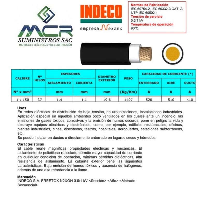 INDECO - CABLE ELECTRICO 150MM LIBRE DE HALOGENO N2XOH UNIPOLAR X 1METRO INDECO