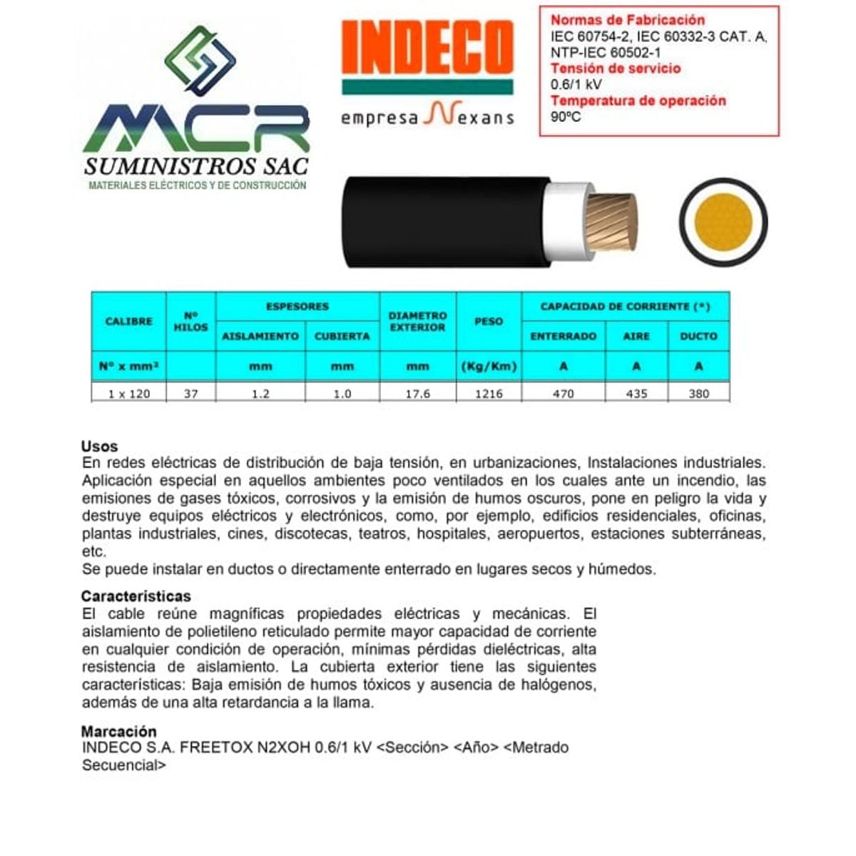INDECO - CABLE ELECTRICO 120MM LIBRE DE HALOGENO N2XOH UNIPOLAR X METRO INDECO