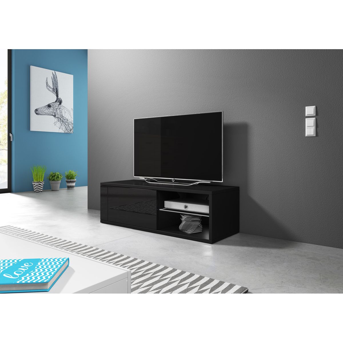 TU MESITA - Mesa de TV Moderna Anna con repisa de Vidrio color Negro TU MESITA