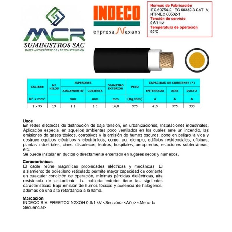 INDECO - CABLE ELECTRICO 95MM LIBRE DE HALOGENO N2XOH UNIPOLAR X METRO INDECO