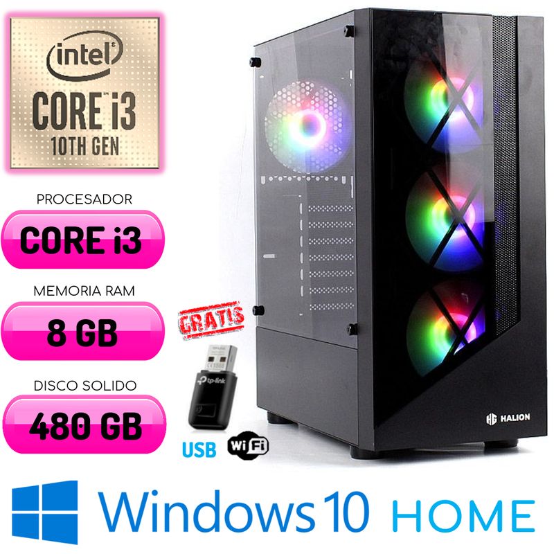 INTEL - Computadora CPU RGB CORE i3-10100 RAM 8Gb SSD 480Gb Windows 10 PC 10maGen