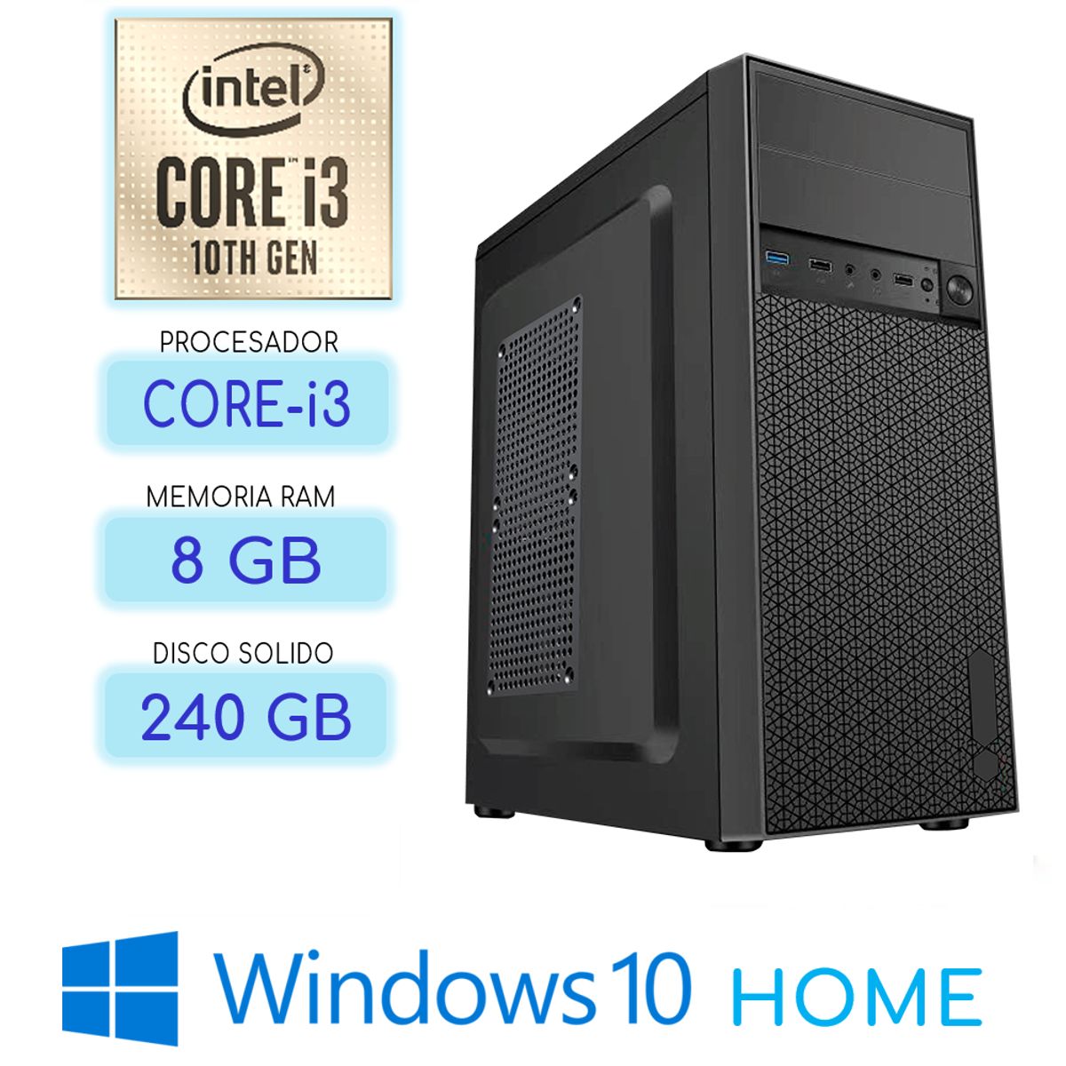 INTEL - Computadora CPU CORE i3-10100 RAM 8GB SSD 240Gb Windows 10 PC 10maGen