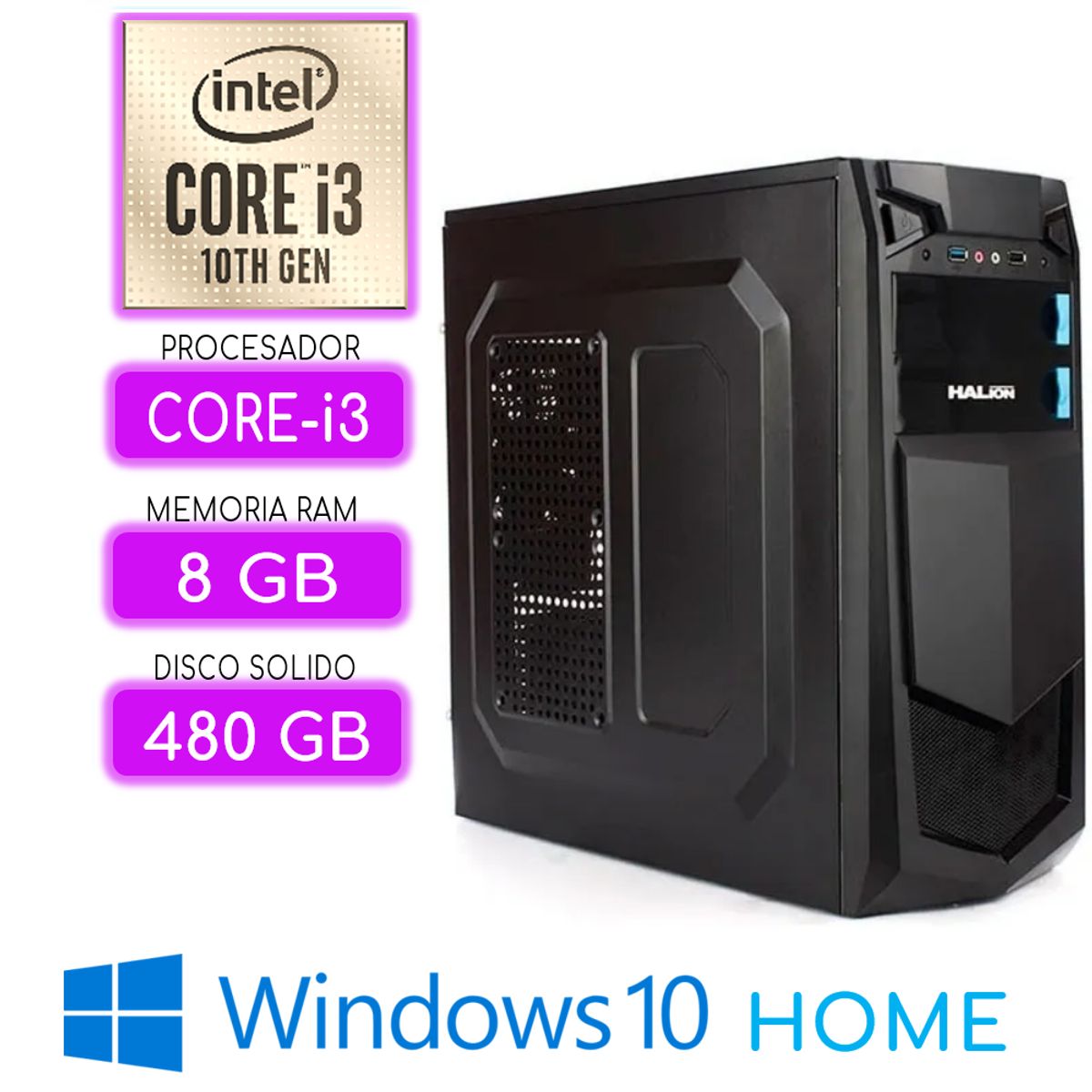 INTEL - Computadora CPU CORE i3-10100 RAM 8GB SSD 480Gb Windows 10 PC 10maGen
