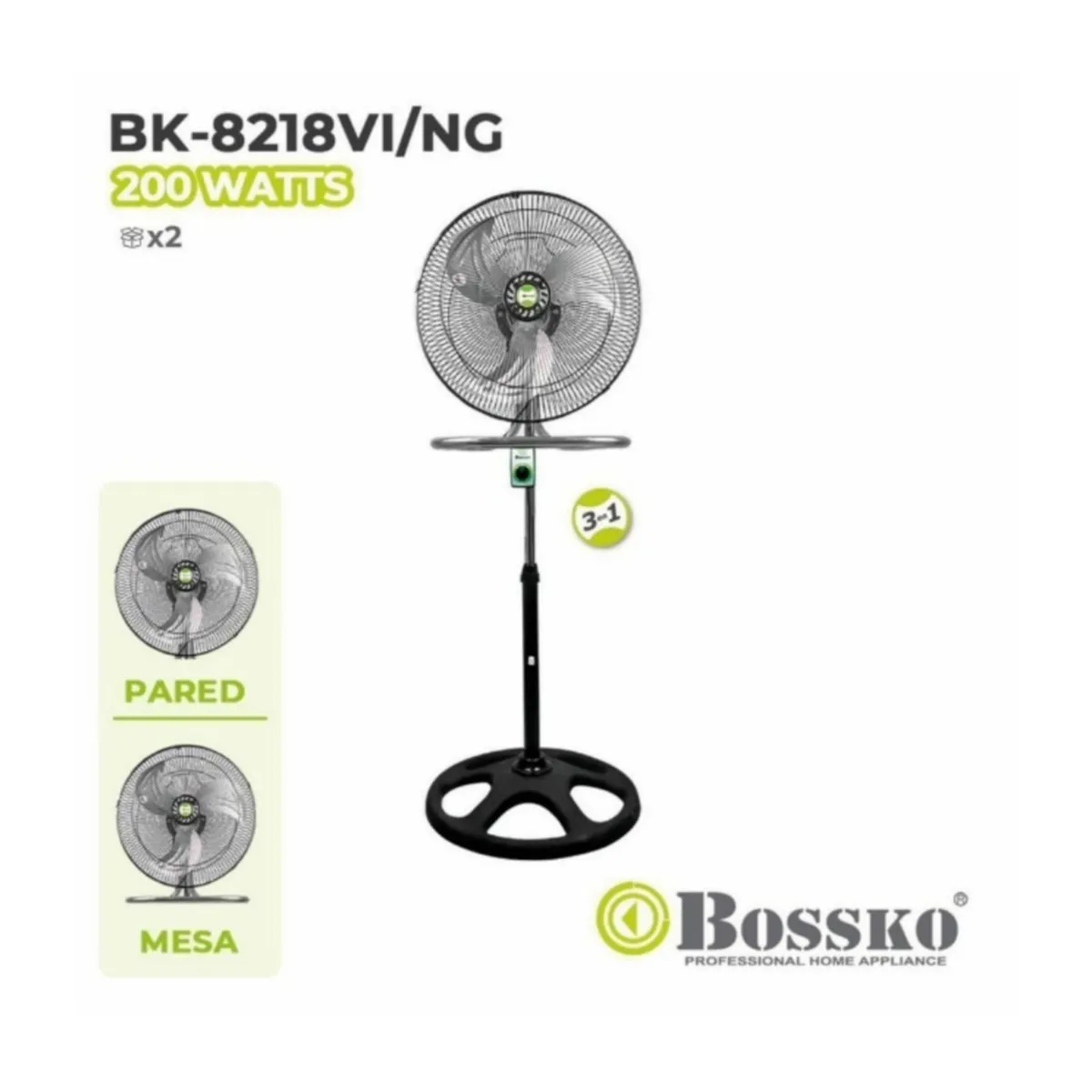 BOSSKO - Ventilador Bossko 3 en 1 De 18″ Pulgadas 200Watts NEGRO de 3 ASPAS