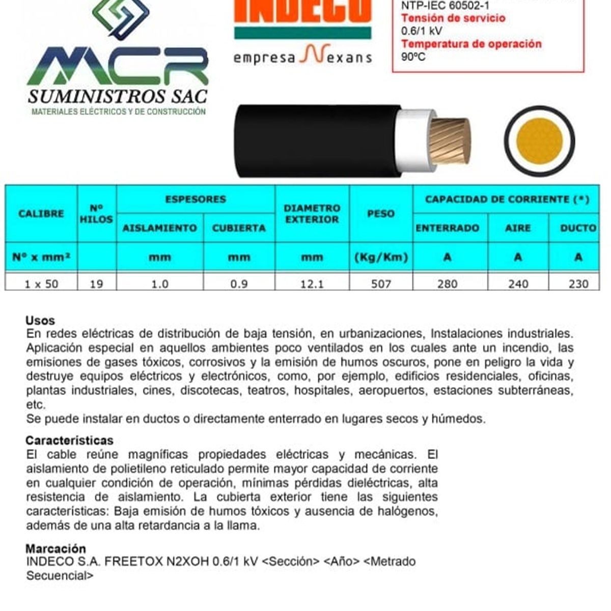 INDECO - CABLE ELECTRICO 50MM LIBRE DE HALOGENO N2XOH UNIPOLAR X METRO INDECO