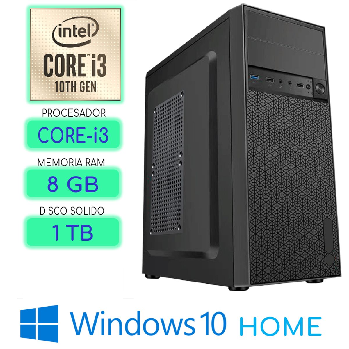 INTEL - Computadora CPU CORE i3-10100 RAM 8GB SSD 1Tb Windows 10 PC 10maGen
