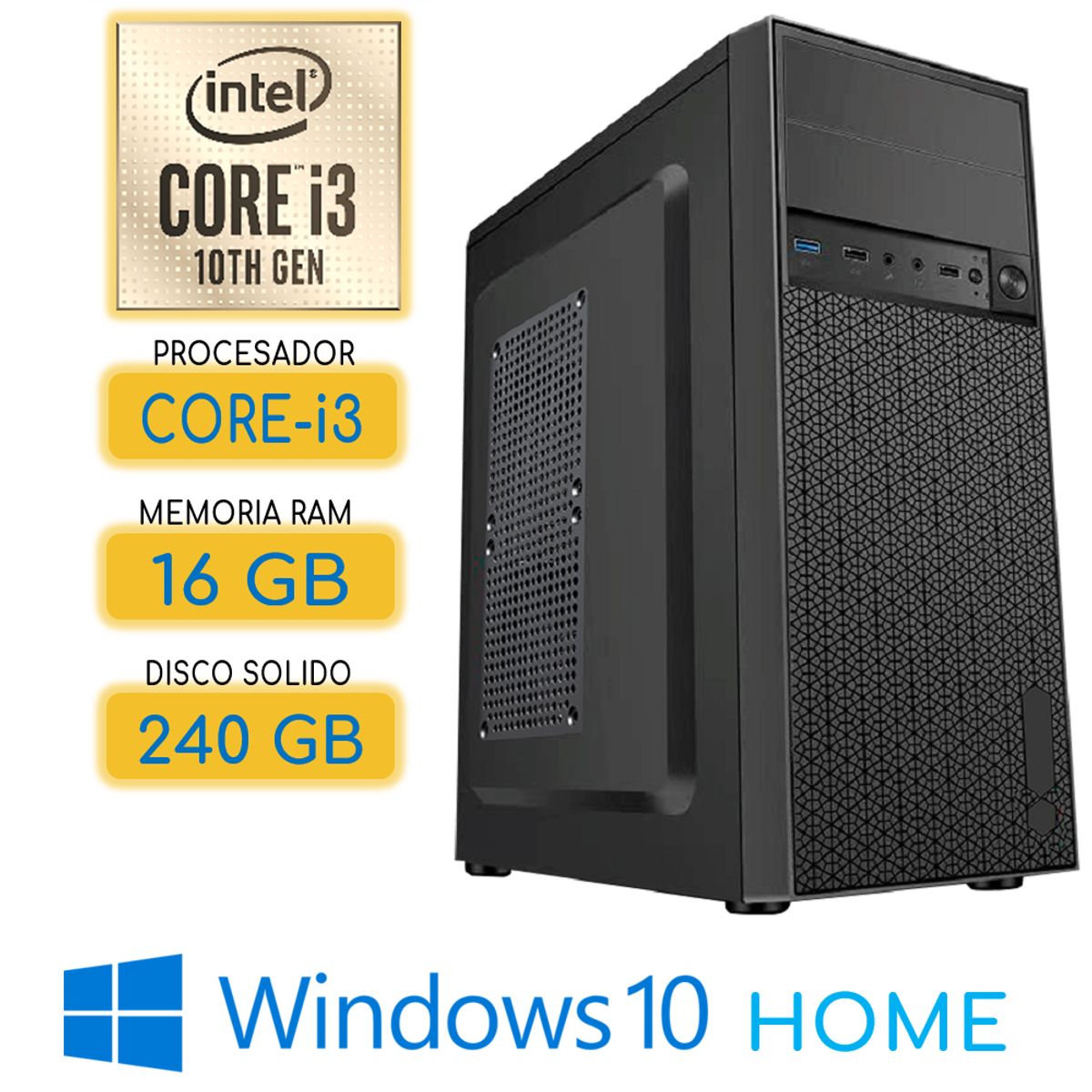 INTEL - Computadora CPU CORE i3-10100 RAM 16GB SSD 240Gb Windows 10 PC 10maGen