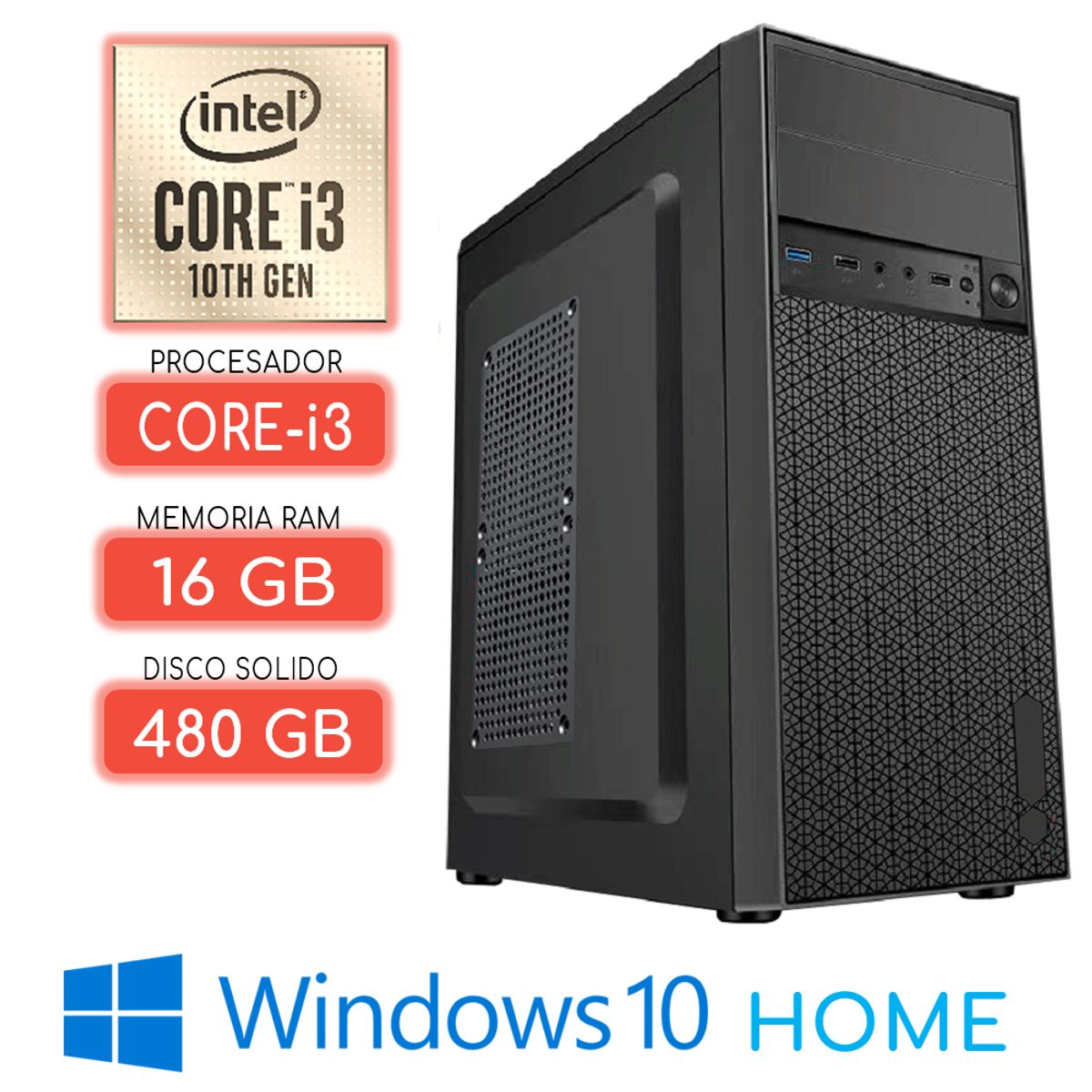 INTEL - Computadora CPU CORE i3-10100 RAM 16Gb SSD 480Gb Windows 10 PC 10maGen