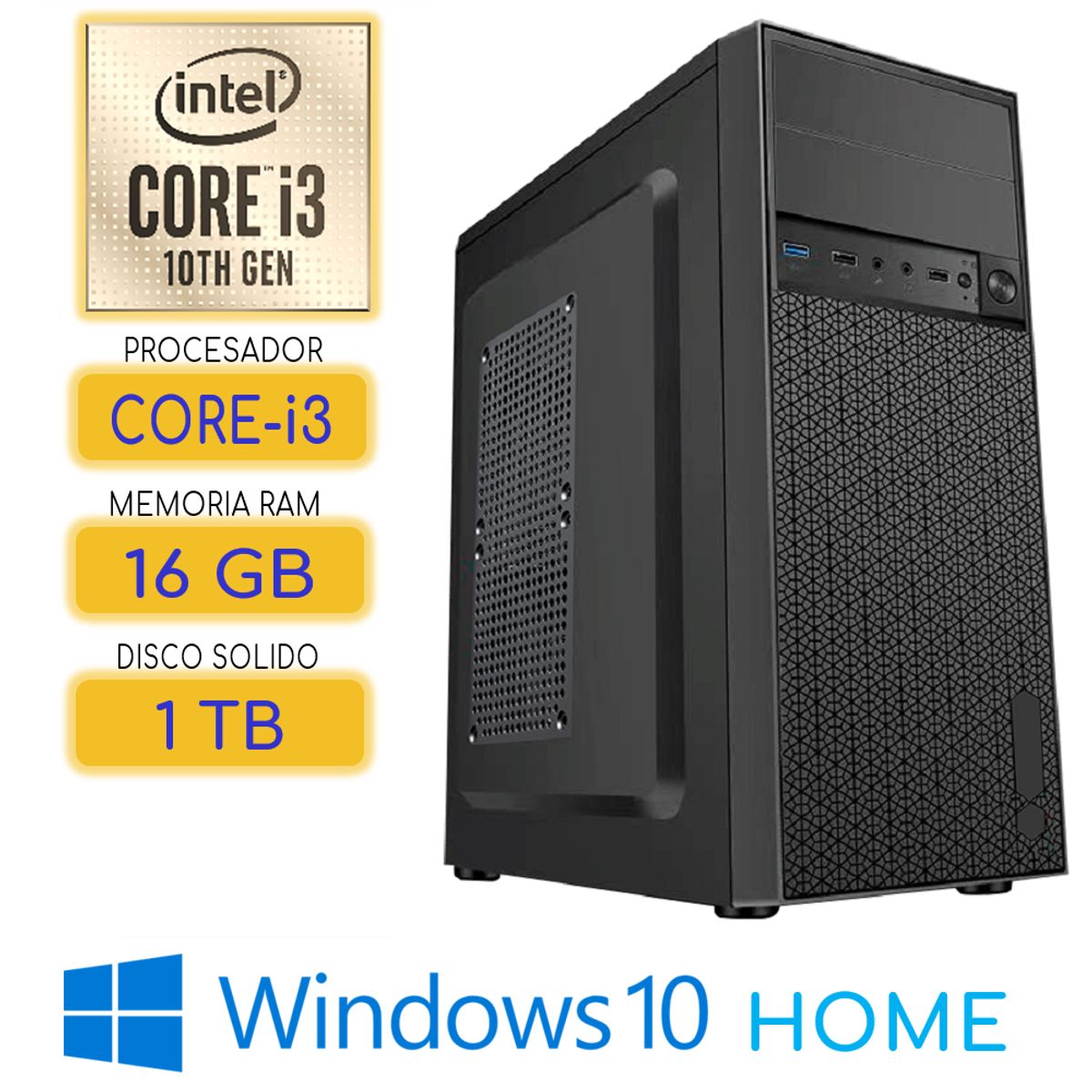 INTEL - Computadora CPU CORE i3-10100 RAM 16GB SSD 1Tb Win10 PC 10maGen