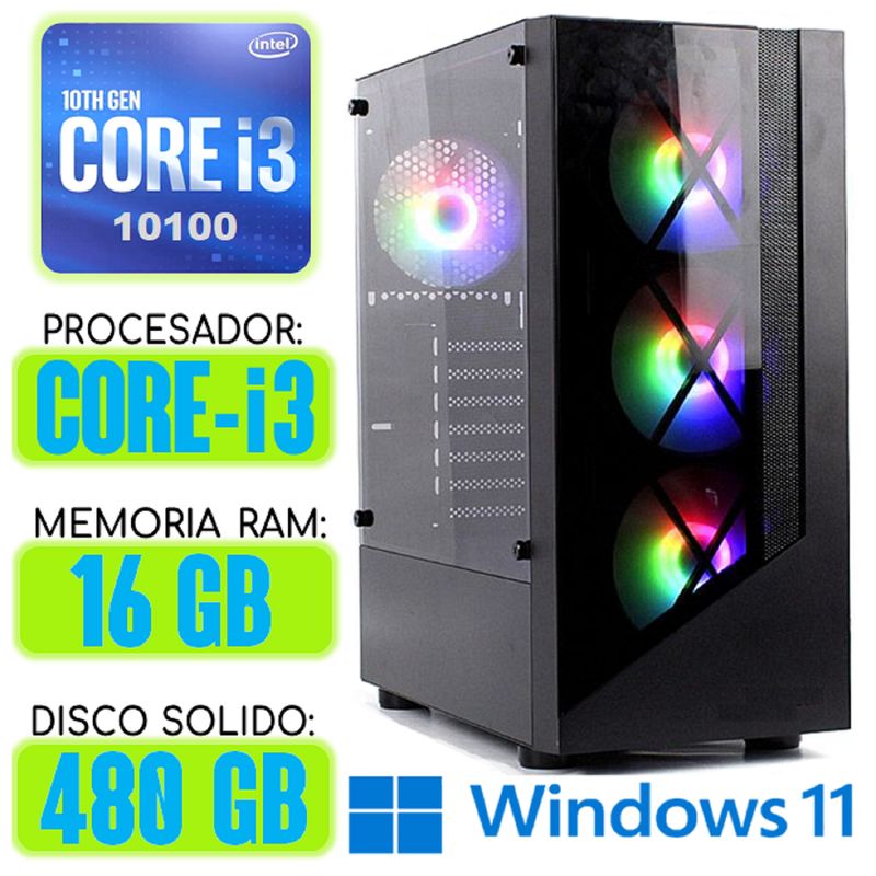 INTEL - Computadora CPU RGB CORE i3-10100 RAM 16Gb SSD 480Gb Windows 10 PC 10maGen