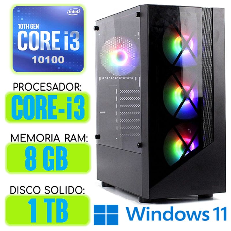 INTEL - Computadora CPU RGB CORE i3-10100 RAM 8Gb SSD 1Tb Windows 11 PC 10maGen