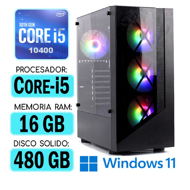 INTEL - Computadora CPU RGB CORE i5-10400 RAM 16Gb SSD 480Gb Windows PC 10maGen