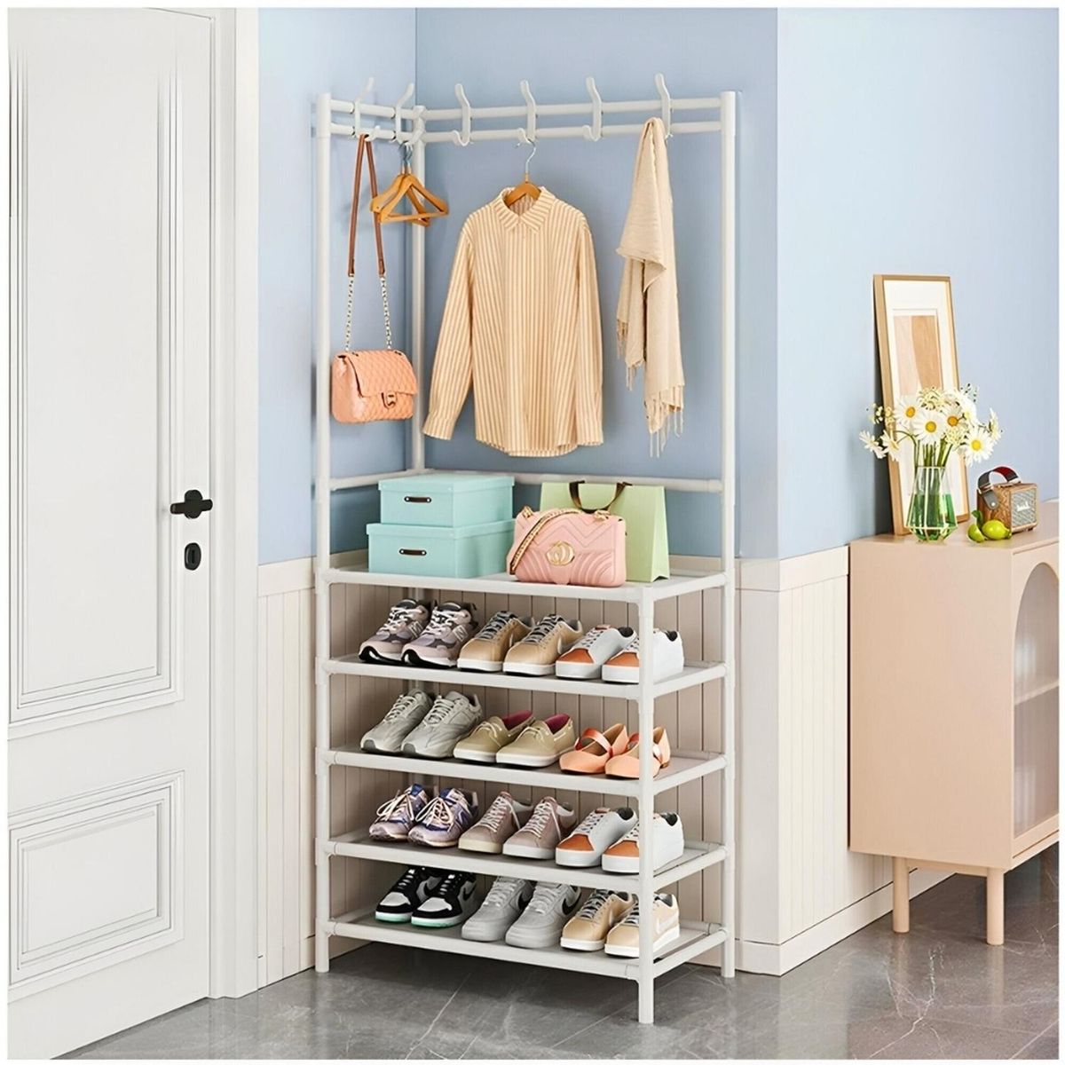 MINARI - Zapatera con Perchero Esquinero Organizador Colgador de Ropa BL P60