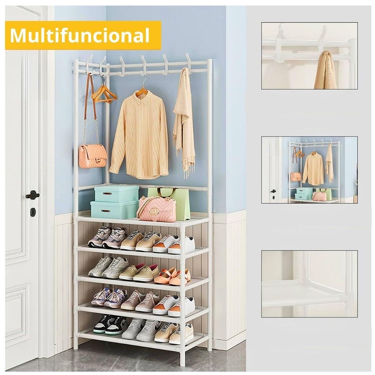 MINARI - Zapatera con Perchero Esquinero Organizador Colgador de Ropa BL P60