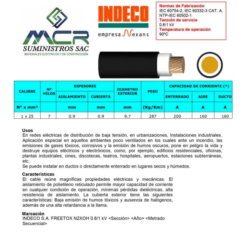 INDECO - CABLE ELECTRICO 25MM LIBRE DE HALOGENO N2XOH UNIPOLAR X METRO INDECO
