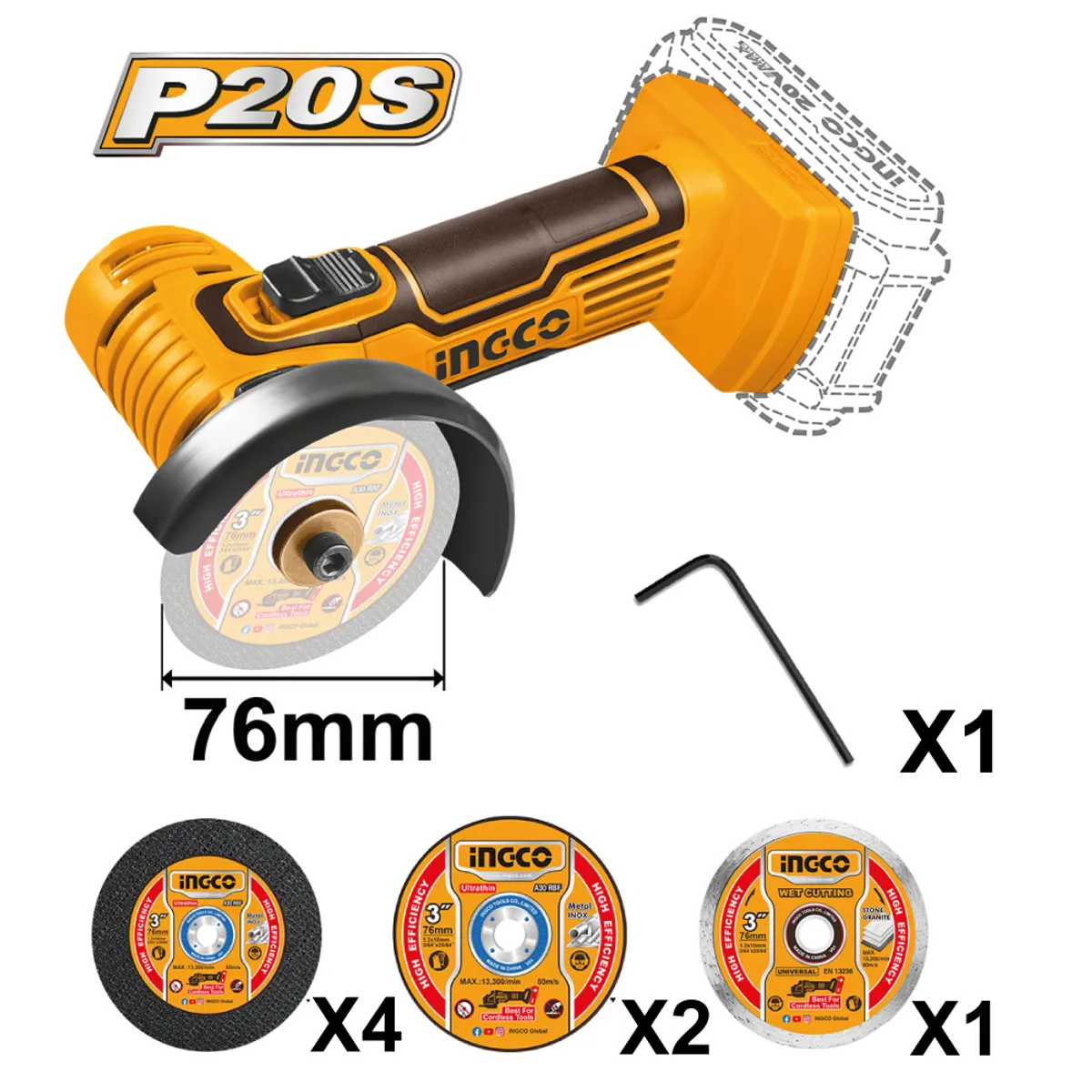 INGCO TOOLS - MINI AMOLADORA INGCO 20V 76MM + DISCOS CAGLI7601