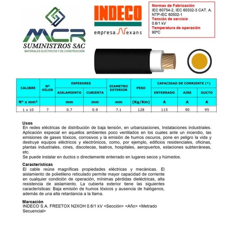 INDECO - CABLE ELECTRICO 10MM LIBRE DE HALOGENO N2XOH UNIPOLAR X10 METRO INDECO