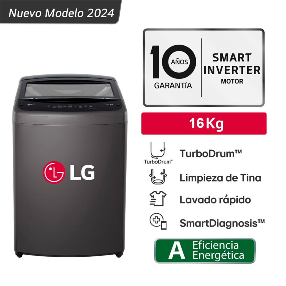 LG - Lavadora Automática LG Smart Inverter WT16BVTB 16 Kg TurboDrum Nuevo Modelo - Gris Oscuro