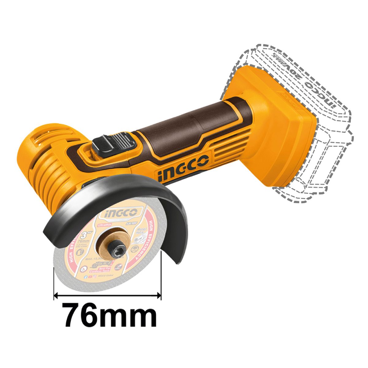 INGCO TOOLS - MINI AMOLADORA INGCO 20V 76MM + 1 BATERÍA 2.0AH + CARGADOR CAGLI76012